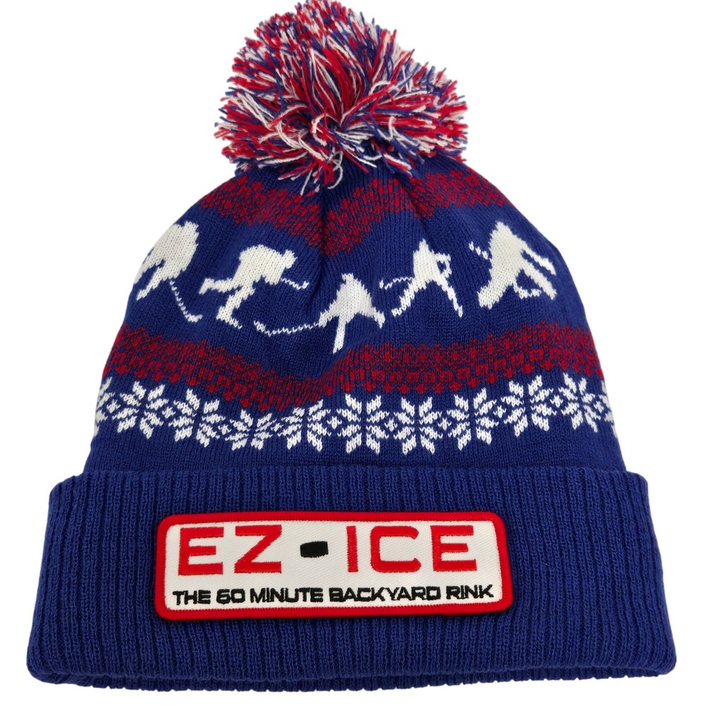 EZ ICE The 60 Minute Backyard Rink Bobble‎ Knit Beanie Hat Red White Blue Kids